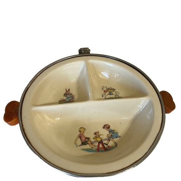 Other - VTG  German Childs Porcelain Warming‎ Feeding Dish W/ Plug Handles 7 1/4"